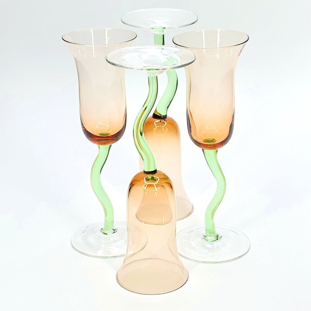 Vintage Handblown Glass Pink Tulip Curvy Green Stem Champagne Flutes SET of 4